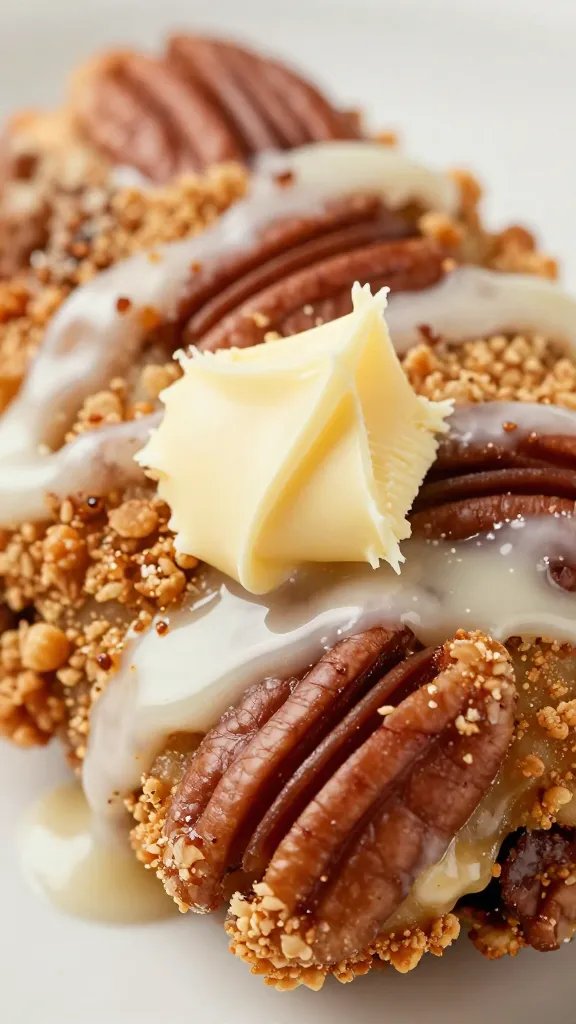 Brushed butter glazing pecan-crusted thigh, extreme closeup