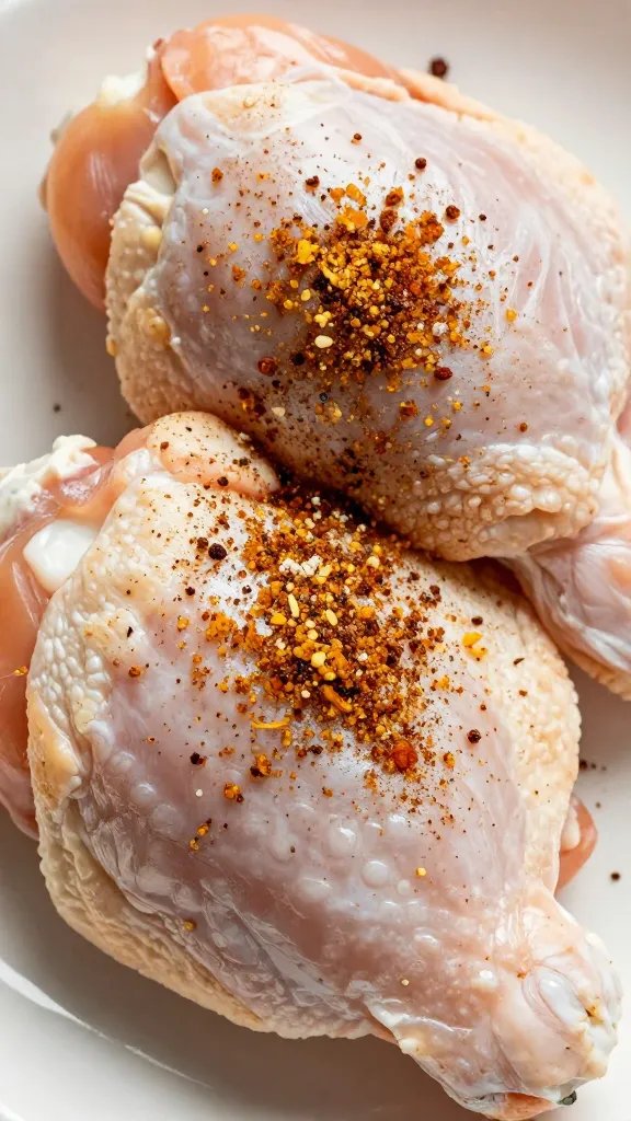 Keto spice rub on raw chicken thigh, overhead closeup