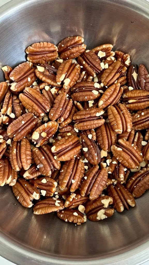 Chopped pecans in shallow dredging bowl, tight shot