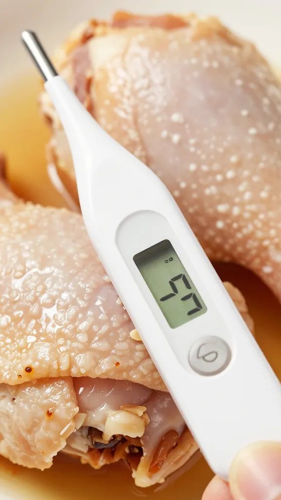 Instant-read thermometer in cooked chicken thigh, closeup