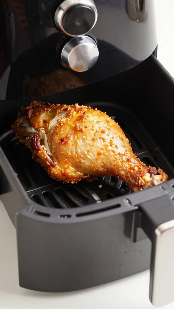 Air fryer drawer opening to single crisp thigh, closeup