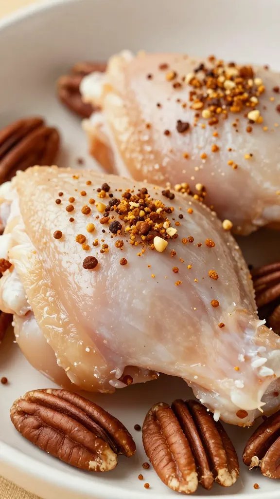 Freshly ground pecans sprinkled over chicken thigh, macro
