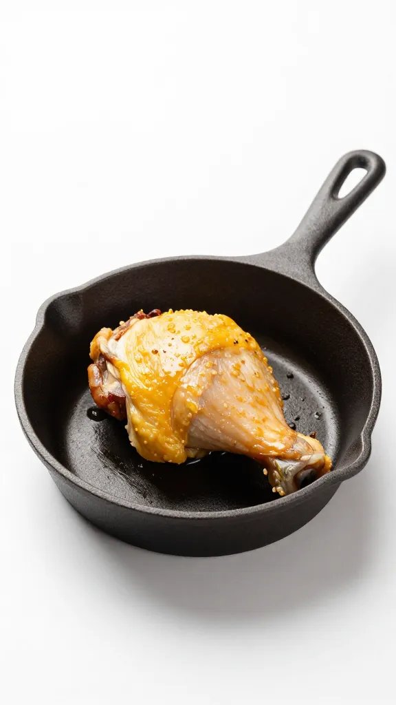 golden chicken thigh on small cast-iron skillet