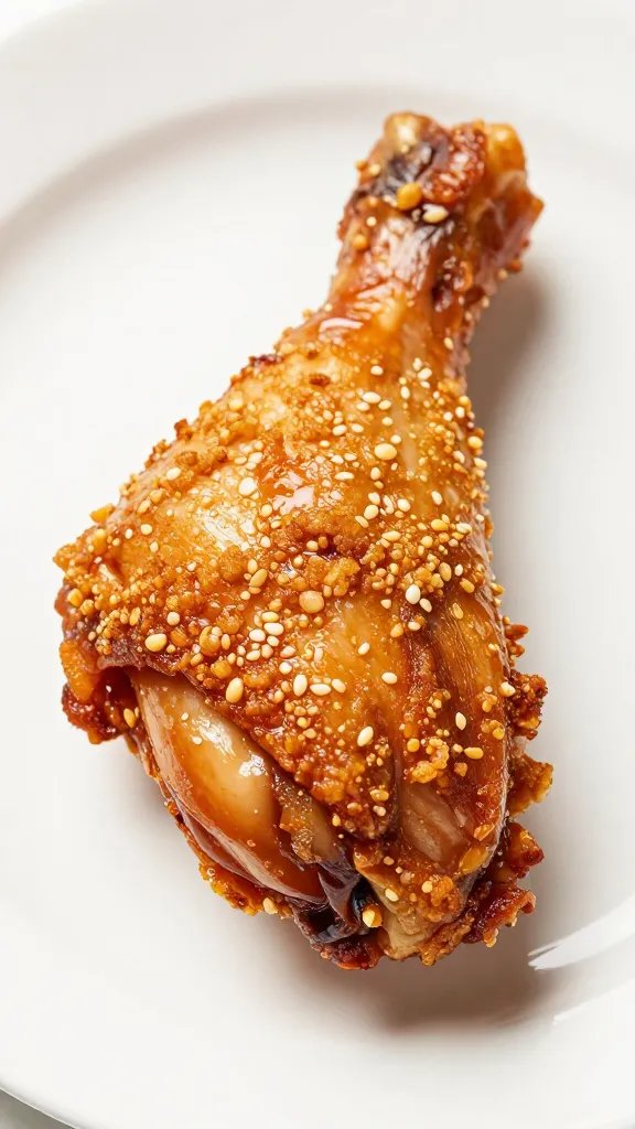 juicy chicken thigh, crackling skin, on white plate