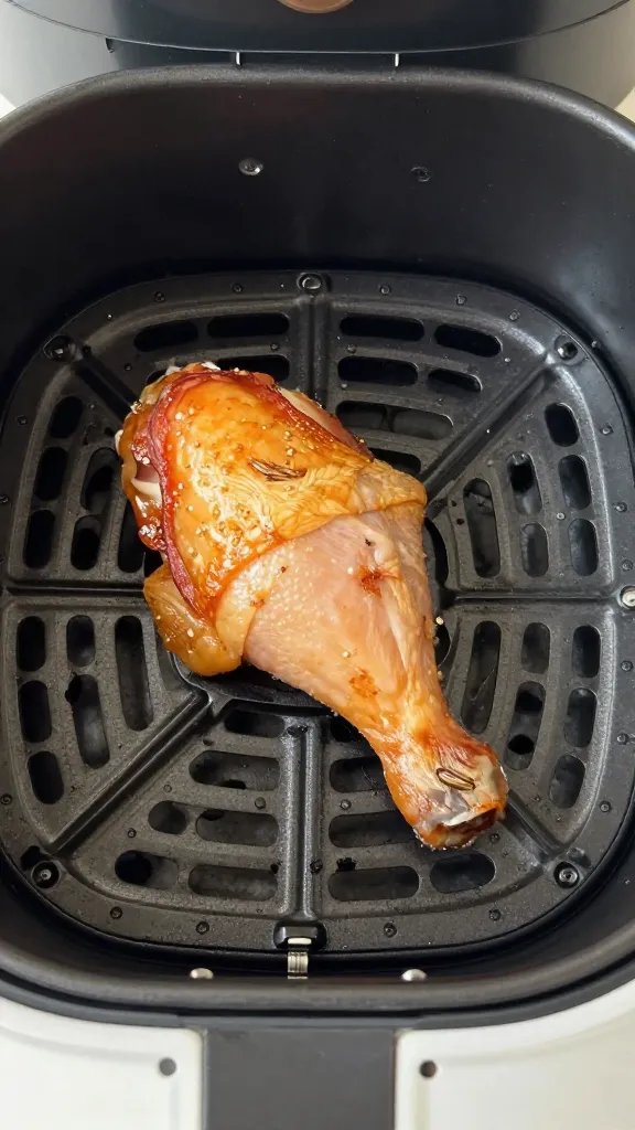 air fryer basket holding single cooked chicken thigh