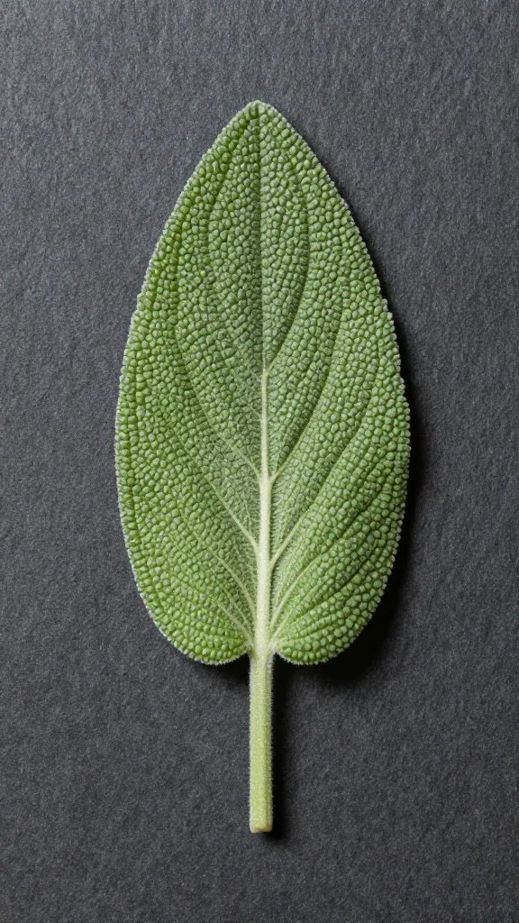 single fresh sage leaf on dark slate backdrop