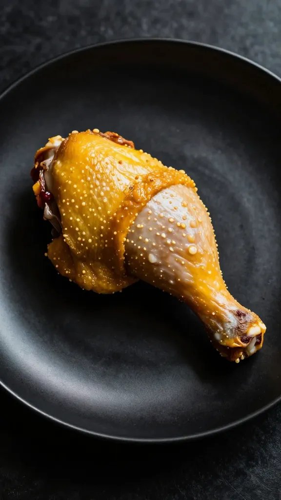 golden chicken thigh on matte black plate, side-lit