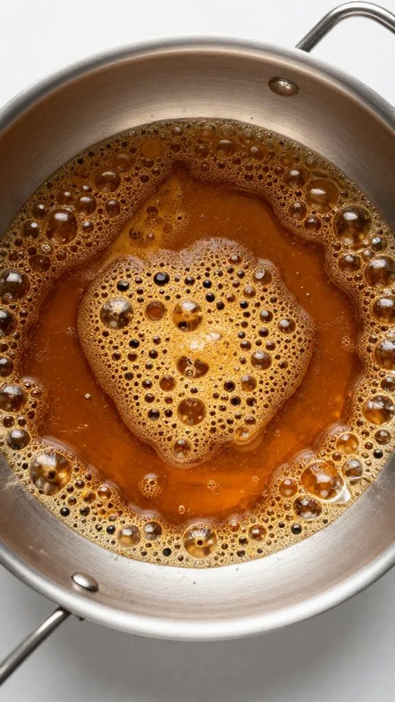 bubbling brown butter in small stainless skillet, overhead