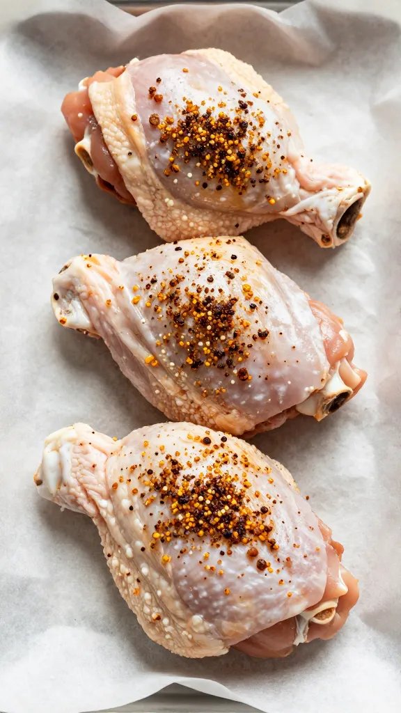 raw bone-in chicken thigh with dry rub on parchment