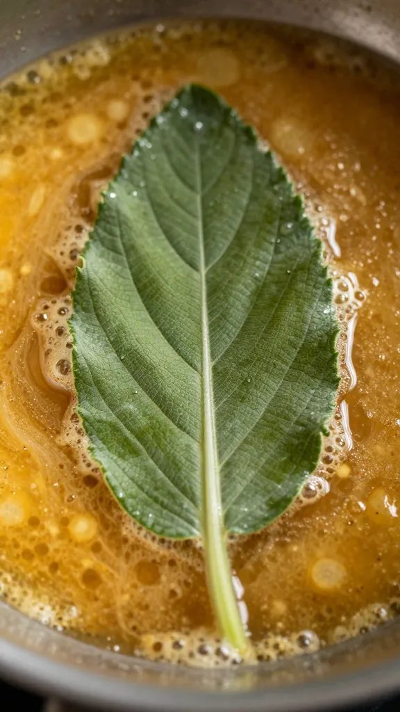 sage leaf sizzling in browned butter, macro shot