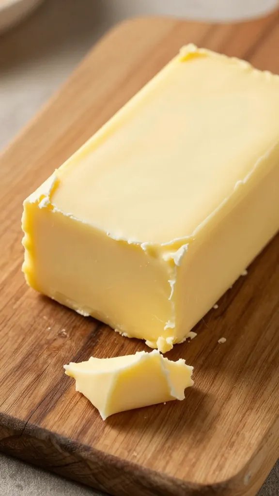 pat of unsalted butter on rustic wooden board, closeup