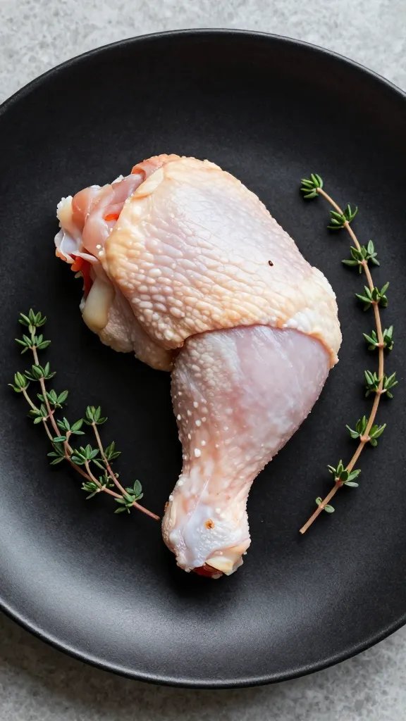 single chicken thigh on matte black plate, thyme garnish