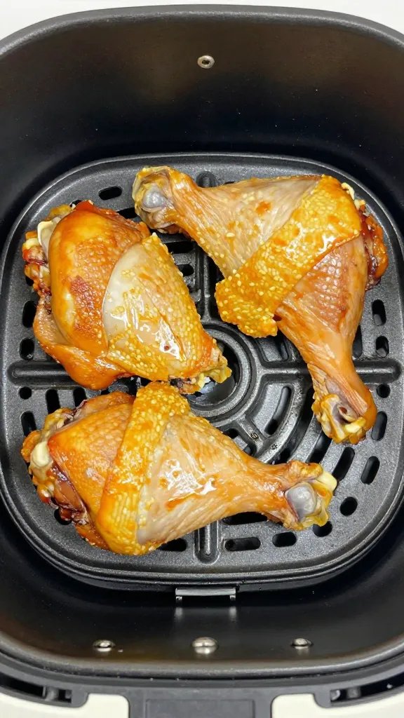 golden chicken thigh in air fryer basket, shallow depth
