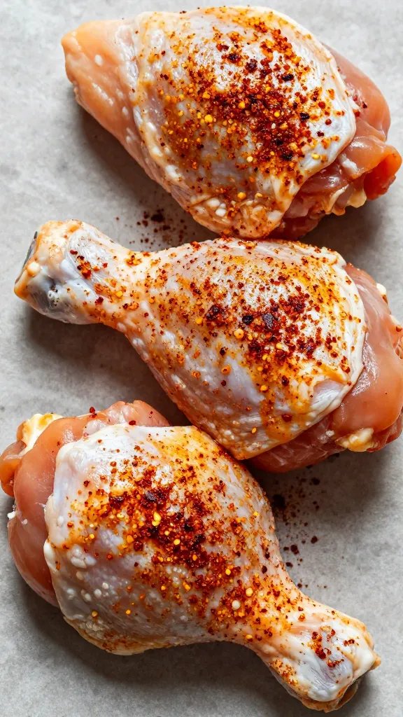 seasoned raw chicken thigh with smoked paprika rub, overhead