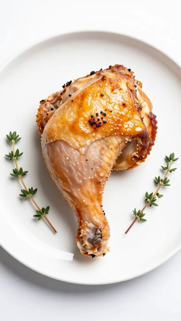 single roasted chicken thigh on white ceramic, thyme sprig