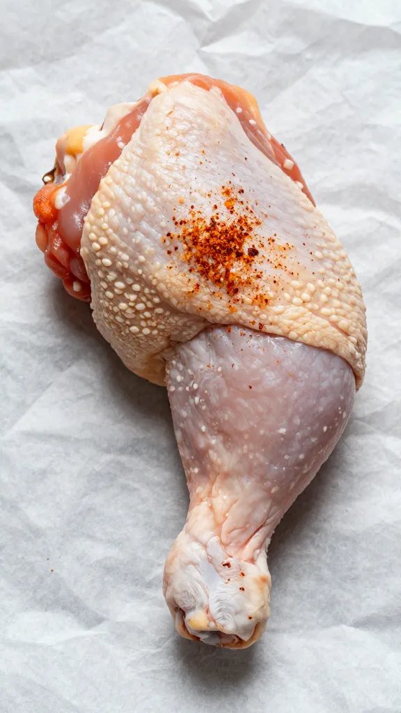 chicken thigh resting on butcher paper, paprika dusting