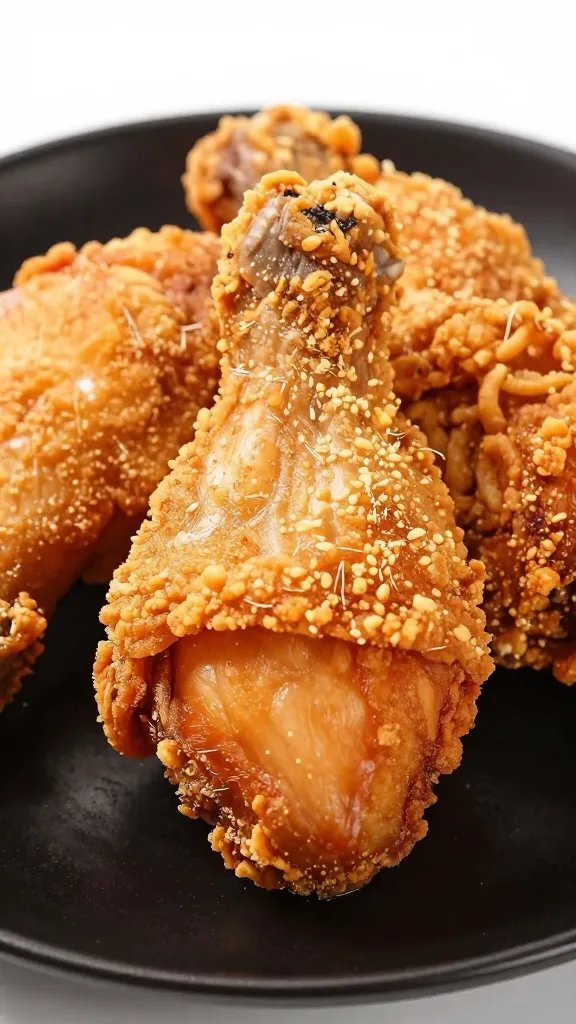 Crispy air-fried keto chicken thigh on a black plate — golden-brown skin, dark meat