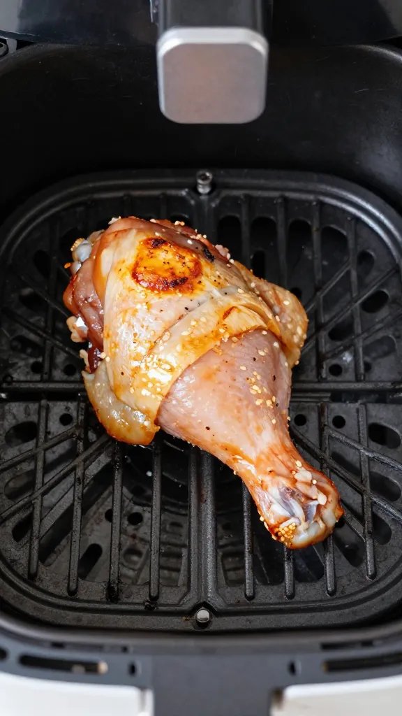 Single seasoned bone-in chicken thigh arranged in an air fryer basket grate, skin-side down