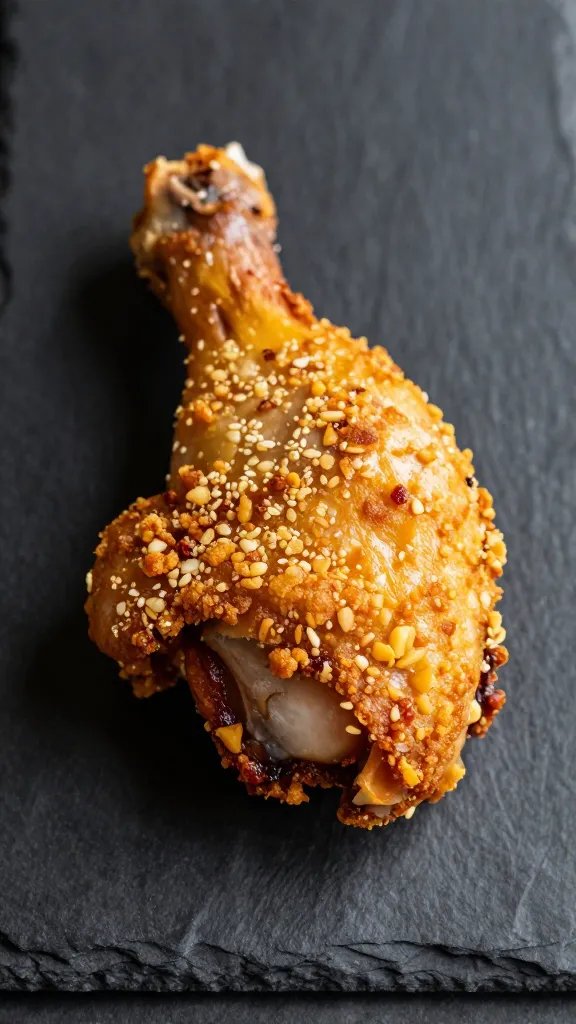 Air fryer keto chicken thigh with crackly golden-brown skin resting on dark slate board