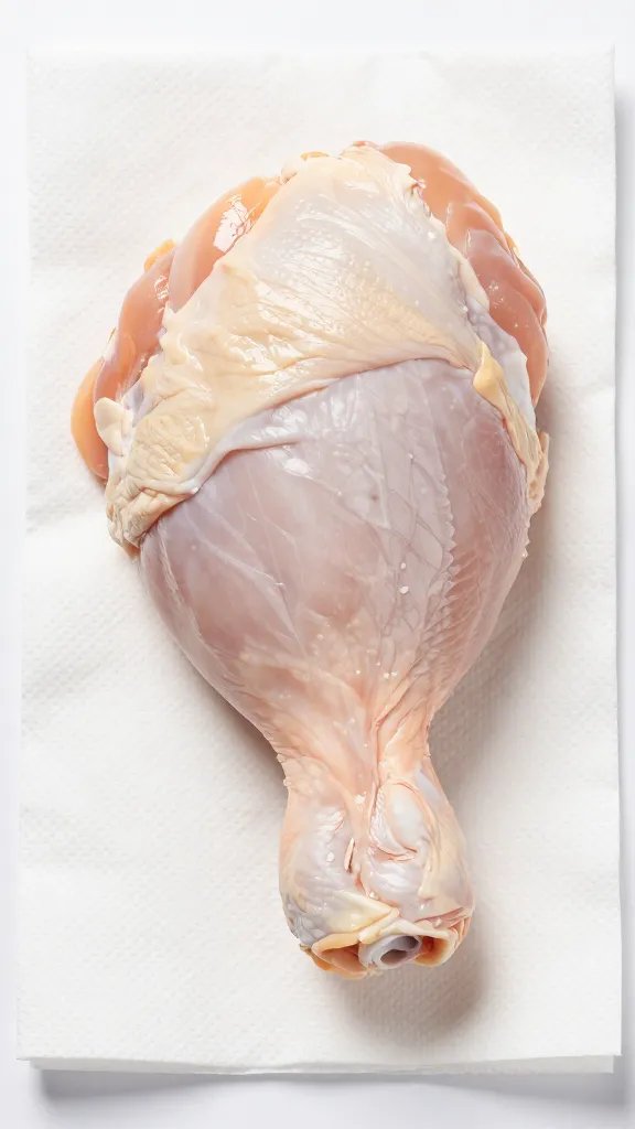 Raw bone-in chicken thigh being patted completely dry on paper towel — skin surface moisture removed before seasoning