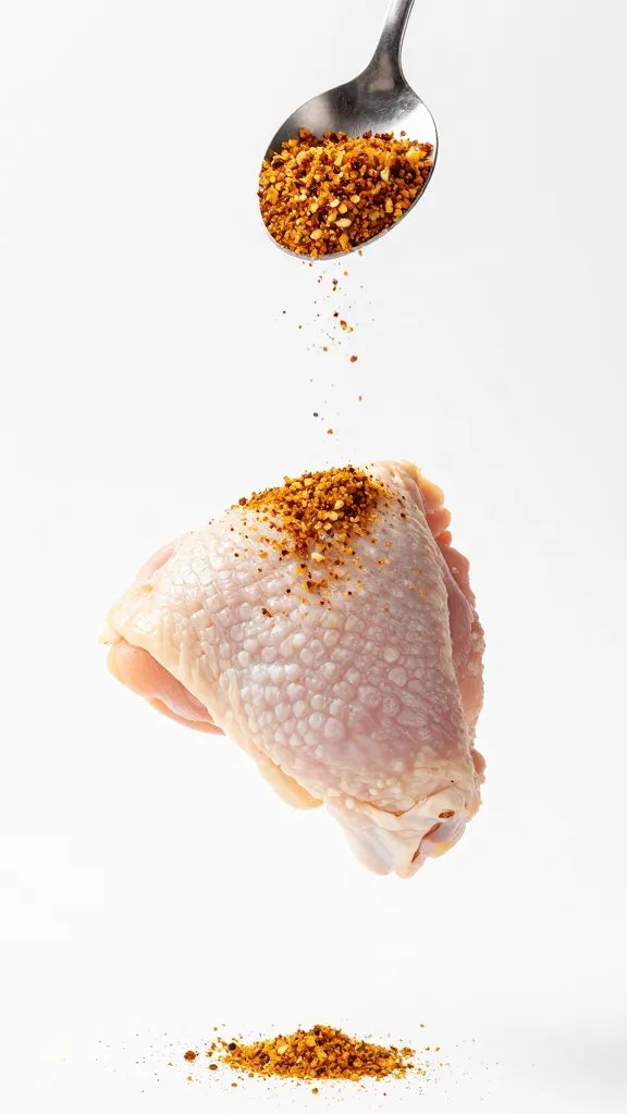 Spice rub paste being applied to a raw bone-in chicken thigh before air frying