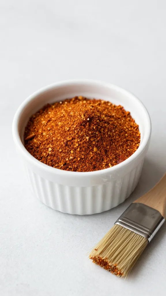 Keto spice rub blend in a small ceramic ramekin with a silicone brush beside it