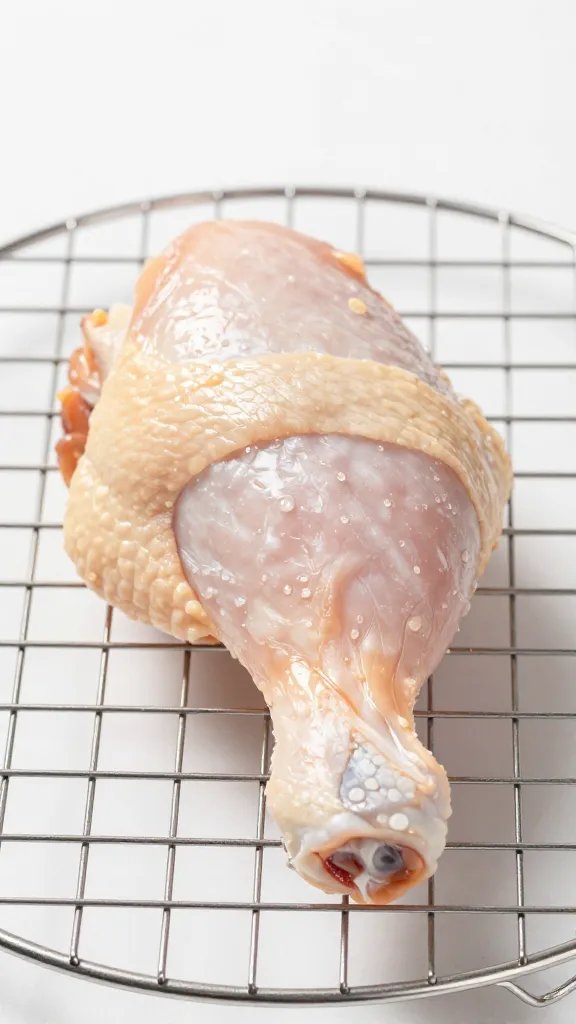 Single air-fried keto chicken thigh resting on a wire rack after cooking — correct resting position for skin preservation