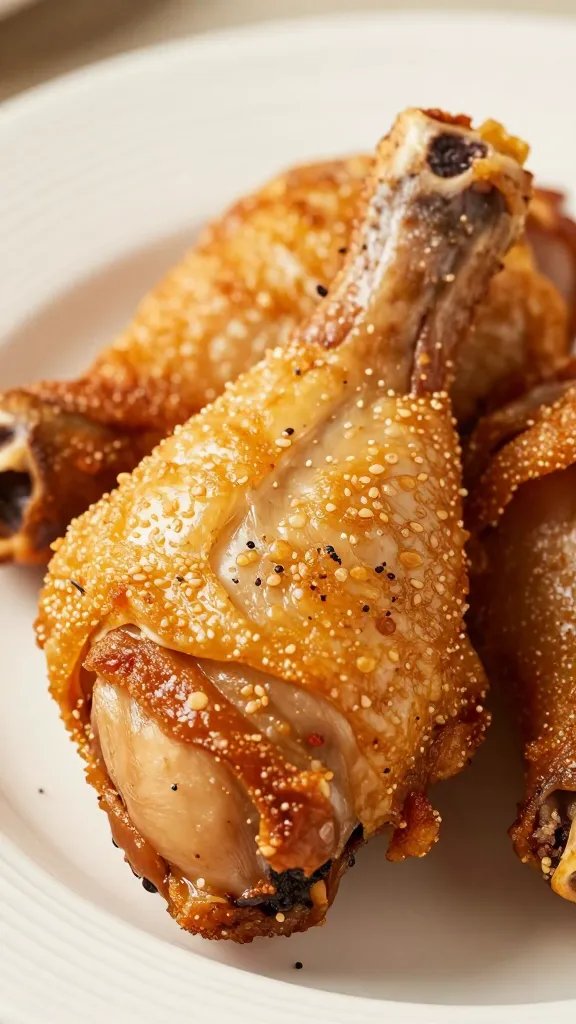closeup of crispy bone-in skin-on chicken thigh on plate