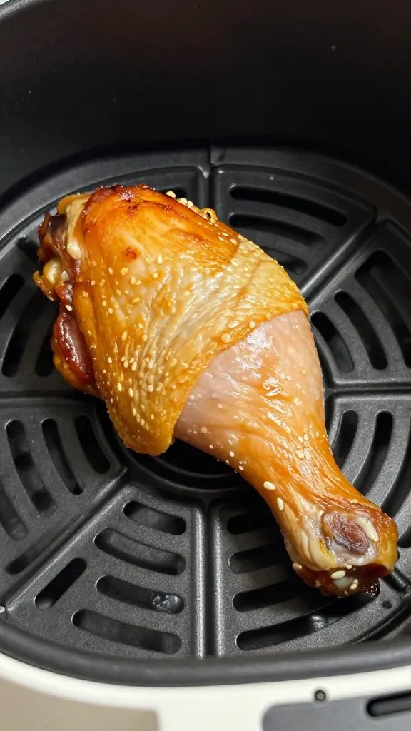 air fryer basket with single golden chicken thigh closeup