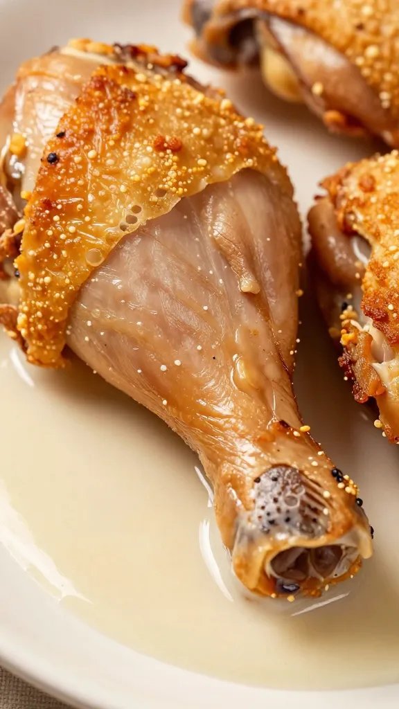 rendered chicken fat pooling beneath crisped thigh closeup