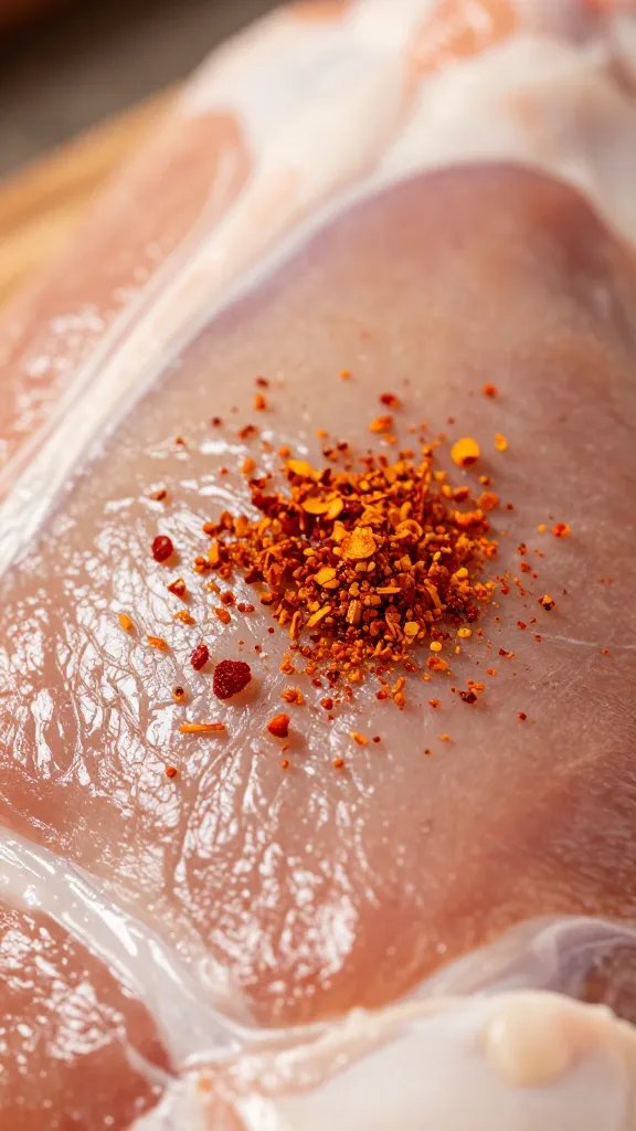 sprinkle of paprika on raw skin-on thigh macro