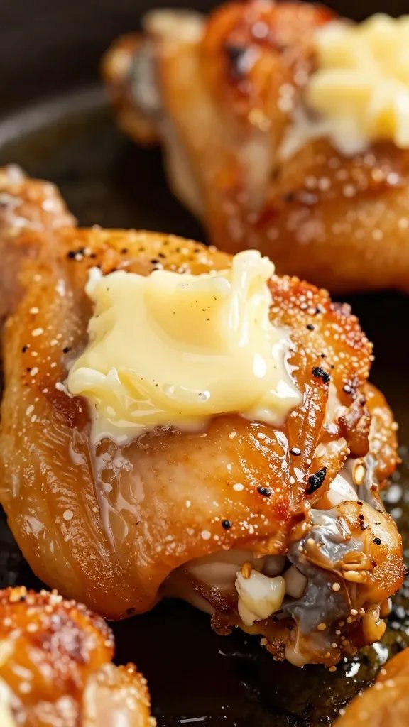 garlic butter melting over hot chicken thigh closeup