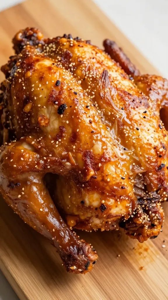 closeup of crispy air fryer rotisserie chicken on wooden board