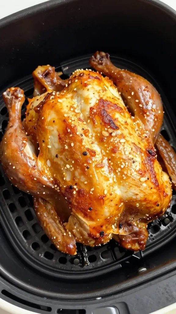 seasoned whole chicken in air fryer basket, overhead closeup