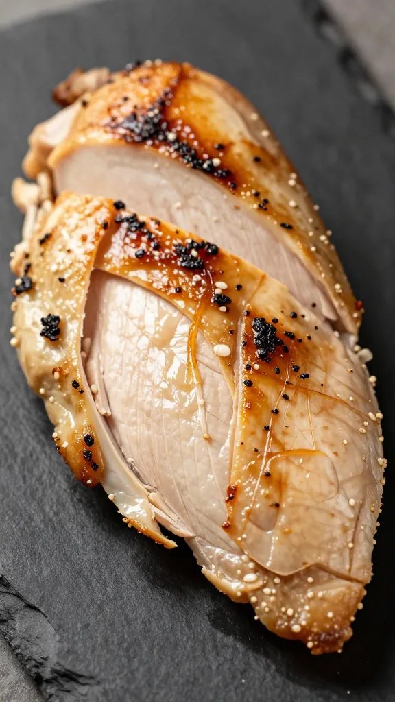 sliced rotisserie chicken breast on black slate, juicy closeup