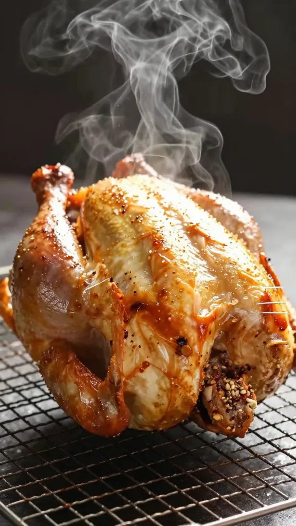rotisserie-style chicken resting on wire rack, steam rising