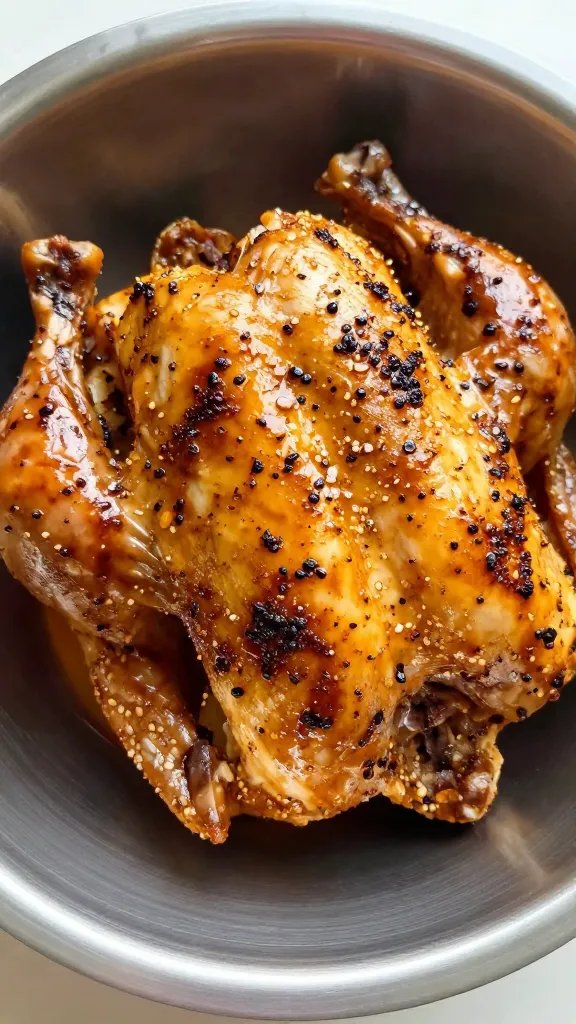 spice-rubbed whole chicken, pre-cook, in stainless bowl closeup