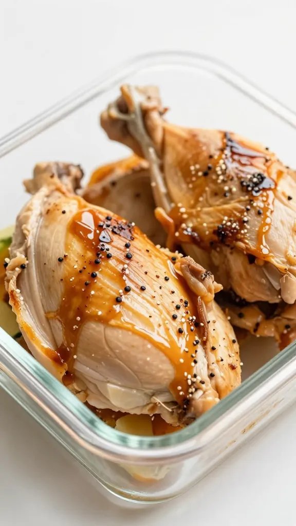 meal-prep chicken portion in glass container, single serving closeup