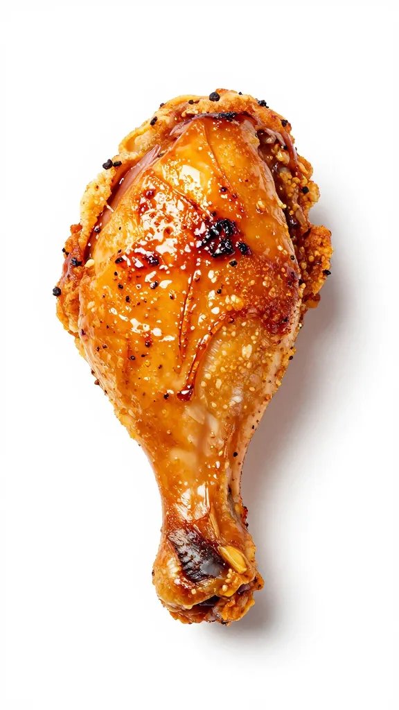 single air-fried chicken drumstick, blistered skin, cayenne sheen