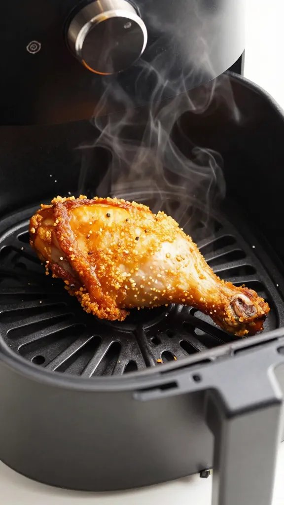 air fryer basket holding one crispy chicken thigh, steam rising