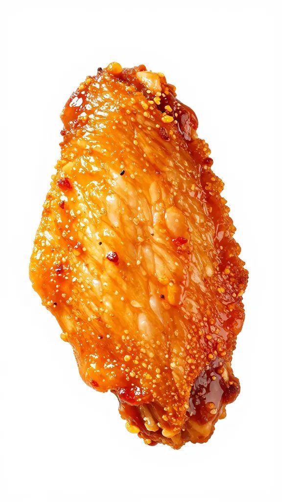 single chicken wing coated in fiery oil, crunchy skin texture