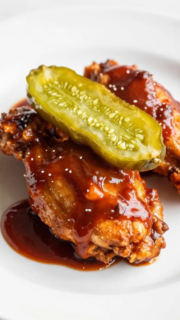 one dill pickle chip resting on sauced hot chicken