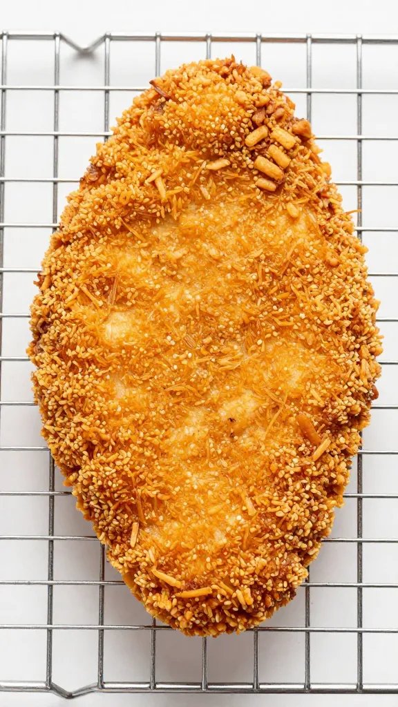 single pork rind crusted chicken cutlet on wire rack