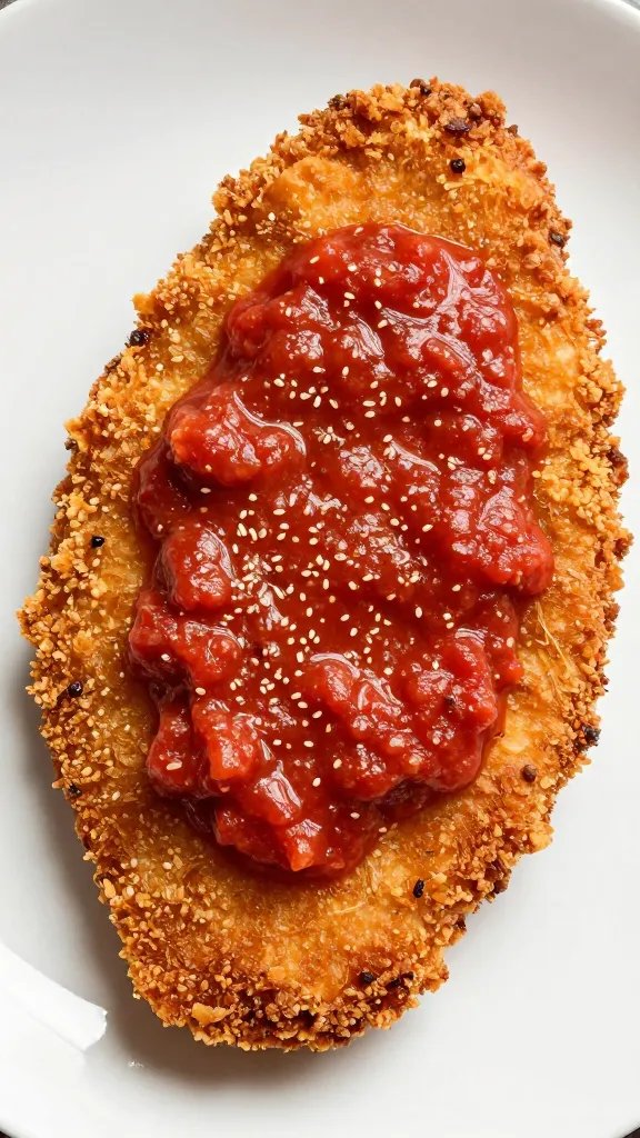 spoonful of Rao’s marinara over crispy chicken cutlet