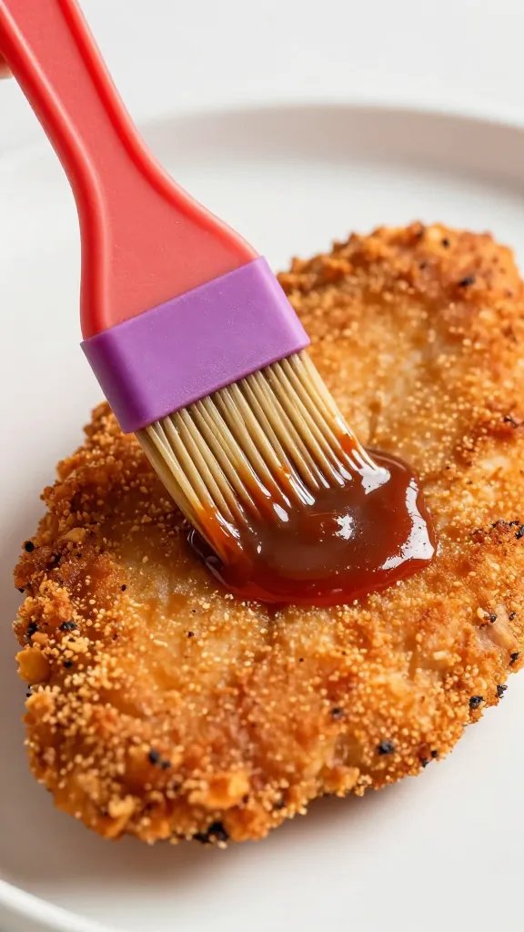 silicone brush glazing Rao’s sauce on chicken cutlet