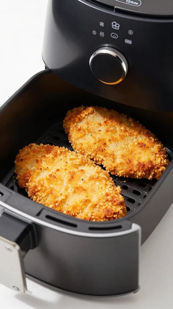 air fryer drawer partially open with golden cutlet inside