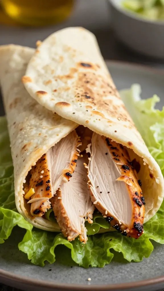 sliced keto chicken shawarma on warm pita-less lettuce leaf