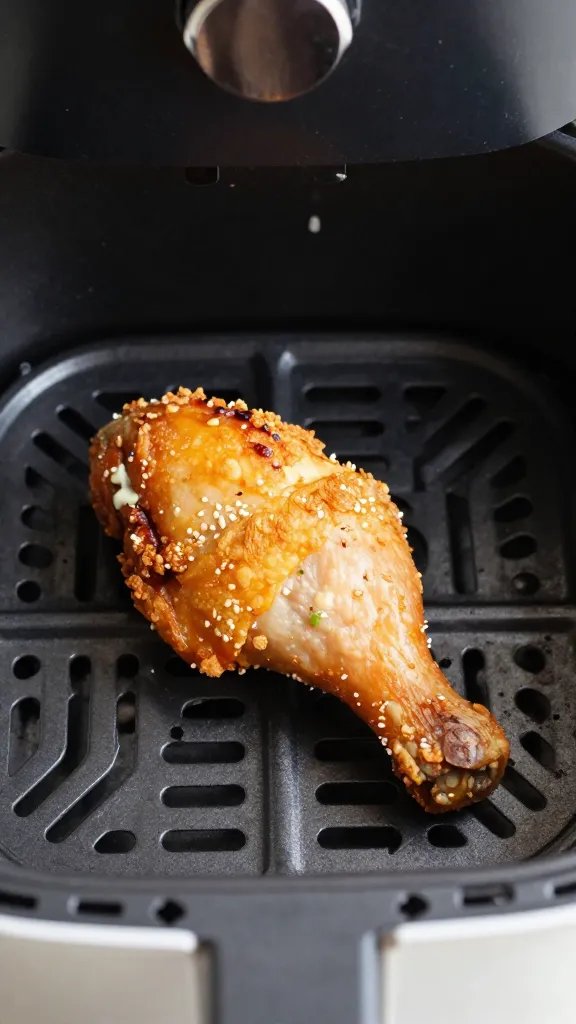 air fryer basket with single crispy chicken thigh