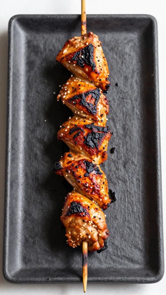 charred shawarma chicken skewer on matte charcoal tray