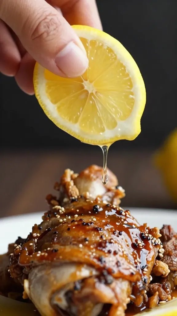 lemon wedge squeezed over shawarma thigh, macro shot